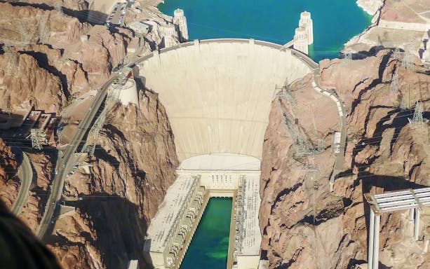 Aerial view of Hoover Dam on the Grand Canyon West Rim Airplane Tour.