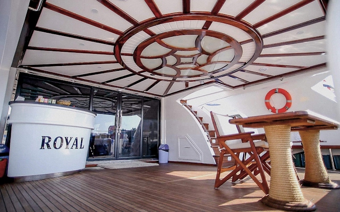 Luxury yacht deck with seating area, Red Sea cruise, Orange Bay, Hurghada.