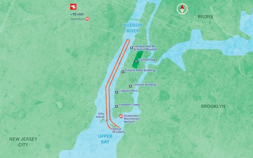 NYC helicopter tour route map featuring landmarks like Statue of Liberty and Empire State Building.