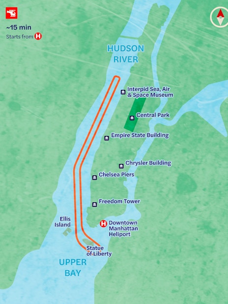 NYC helicopter tour route map featuring landmarks like Statue of Liberty and Empire State Building.