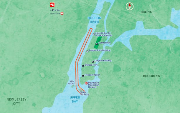 NYC helicopter tour route map featuring landmarks like Statue of Liberty and Empire State Building.
