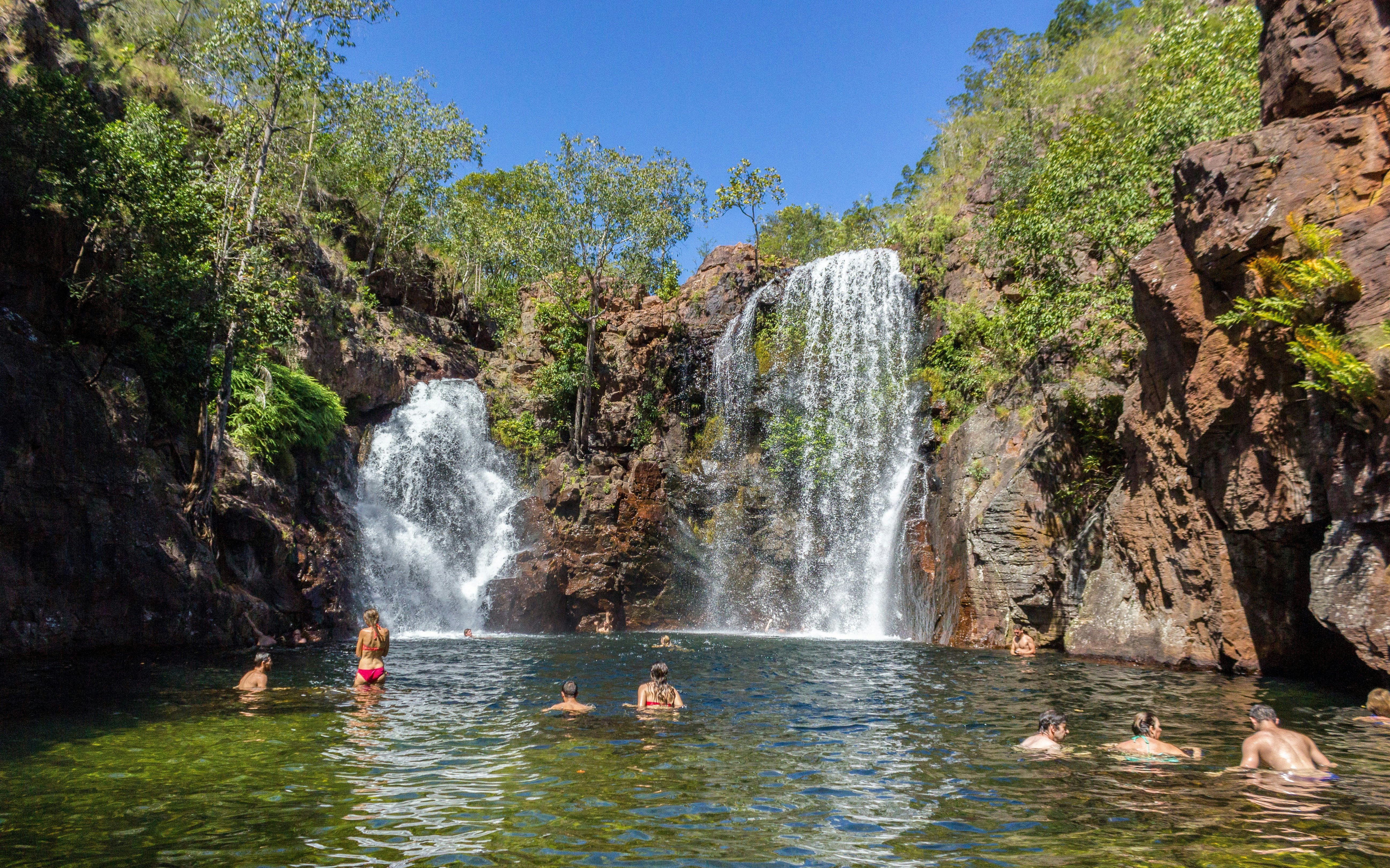 Visitors swimming at Florence Falls in Litchfield National Park, surrounded by lush greenery and rocky cliffs.