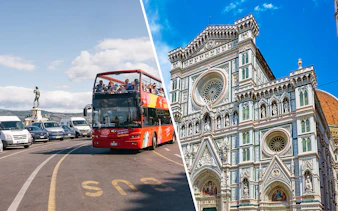 City sightseeing bus near Florence's Piazzale Michelangelo and Cathedral of Santa Maria del Fiore.