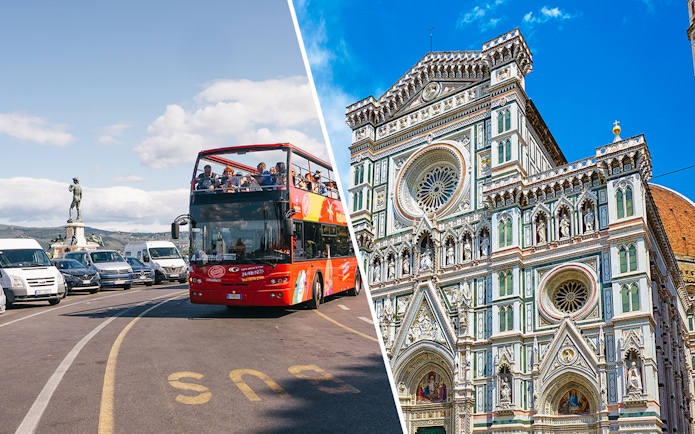 City sightseeing bus near Florence's Piazzale Michelangelo and Cathedral of Santa Maria del Fiore.