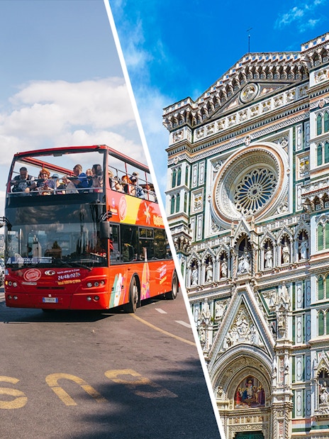 City sightseeing bus near Florence's Piazzale Michelangelo and Cathedral of Santa Maria del Fiore.