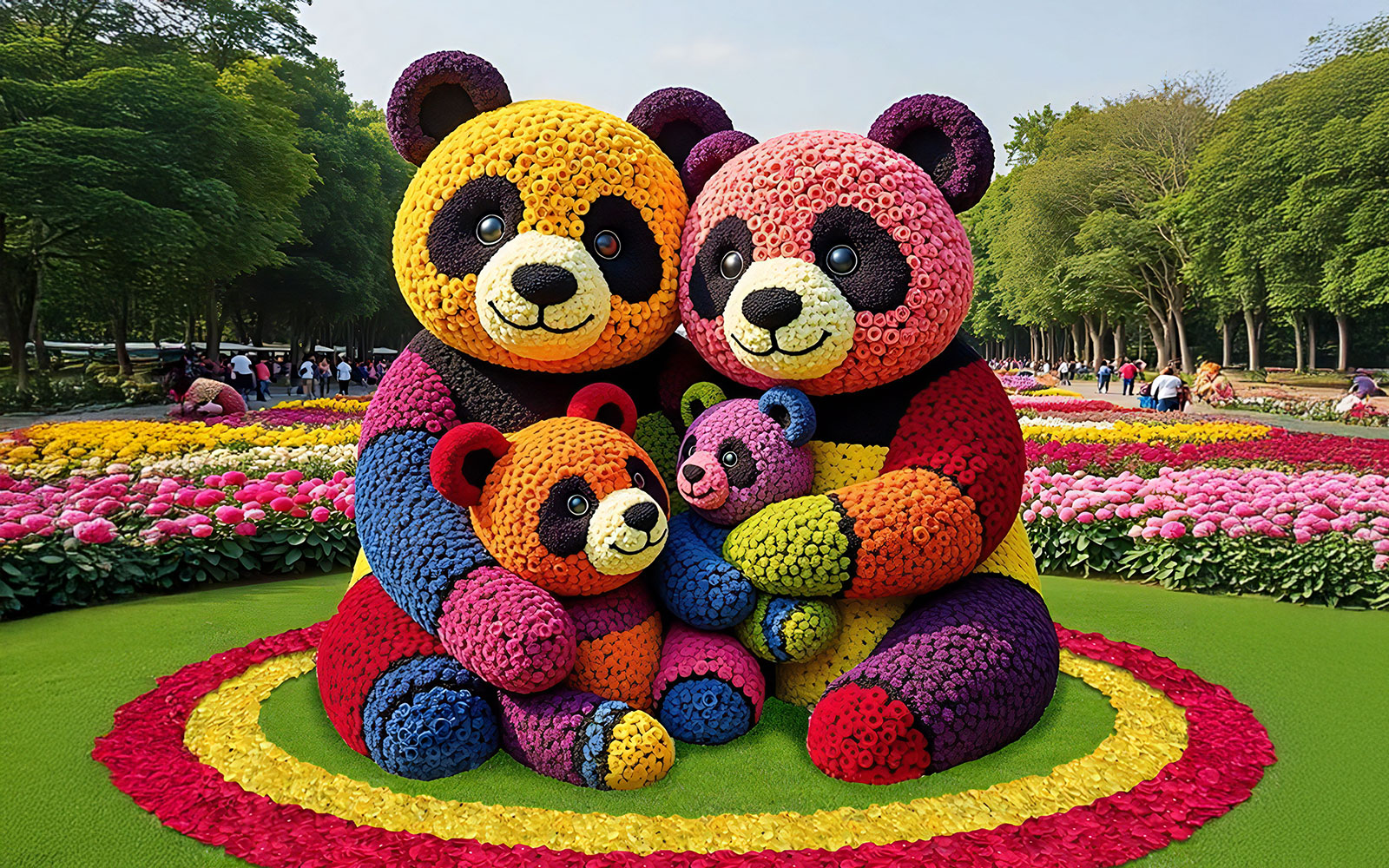 Floral panda sculpture at Dubai Garden Glow with colorful flower arrangements.