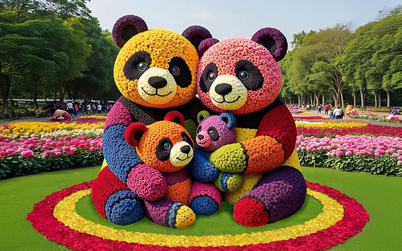 Floral panda sculpture at Dubai Garden Glow with colorful flower arrangements.