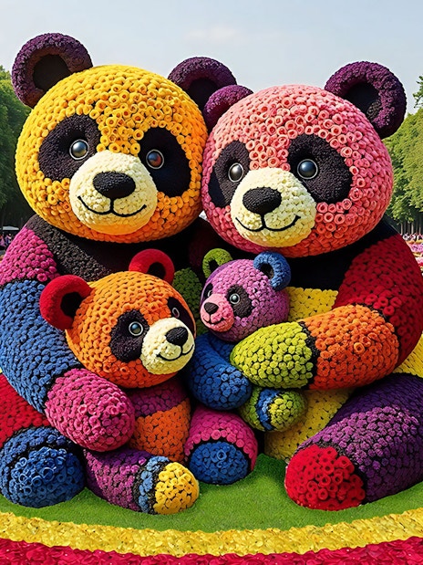 Floral panda sculpture at Dubai Garden Glow with colorful flower arrangements.