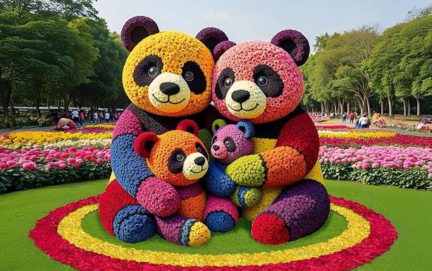Floral panda sculpture at Dubai Garden Glow with colorful flower arrangements.