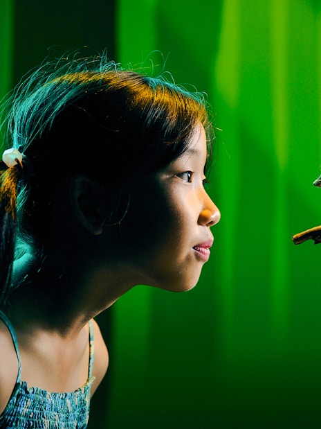 Girl observing a small mammal on branch at Melbourne Museum exhibit.