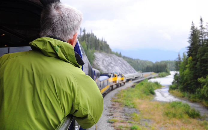 Person enjoying scenic view from Alaska Railroad train.