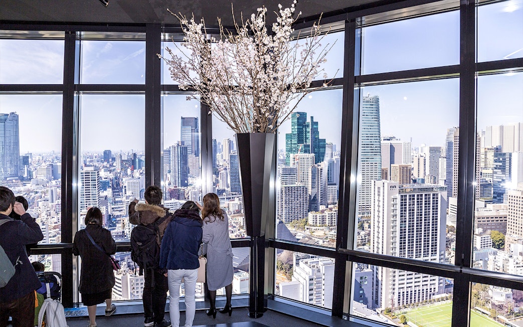 Visitors enjoying Tokyo skyline view from Tokyo Tower's main deck.