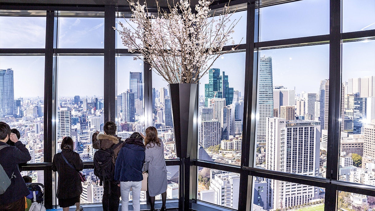Visitors enjoying Tokyo skyline view from Tokyo Tower's main deck.