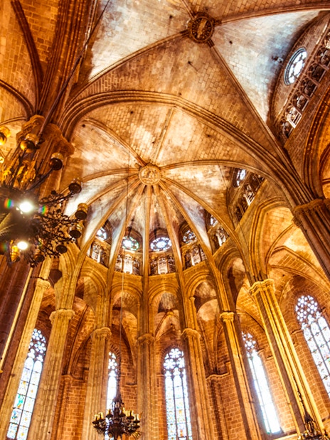 Interior view of the Cathedral of Barcelona's vaulted ceiling and stained glass windows.