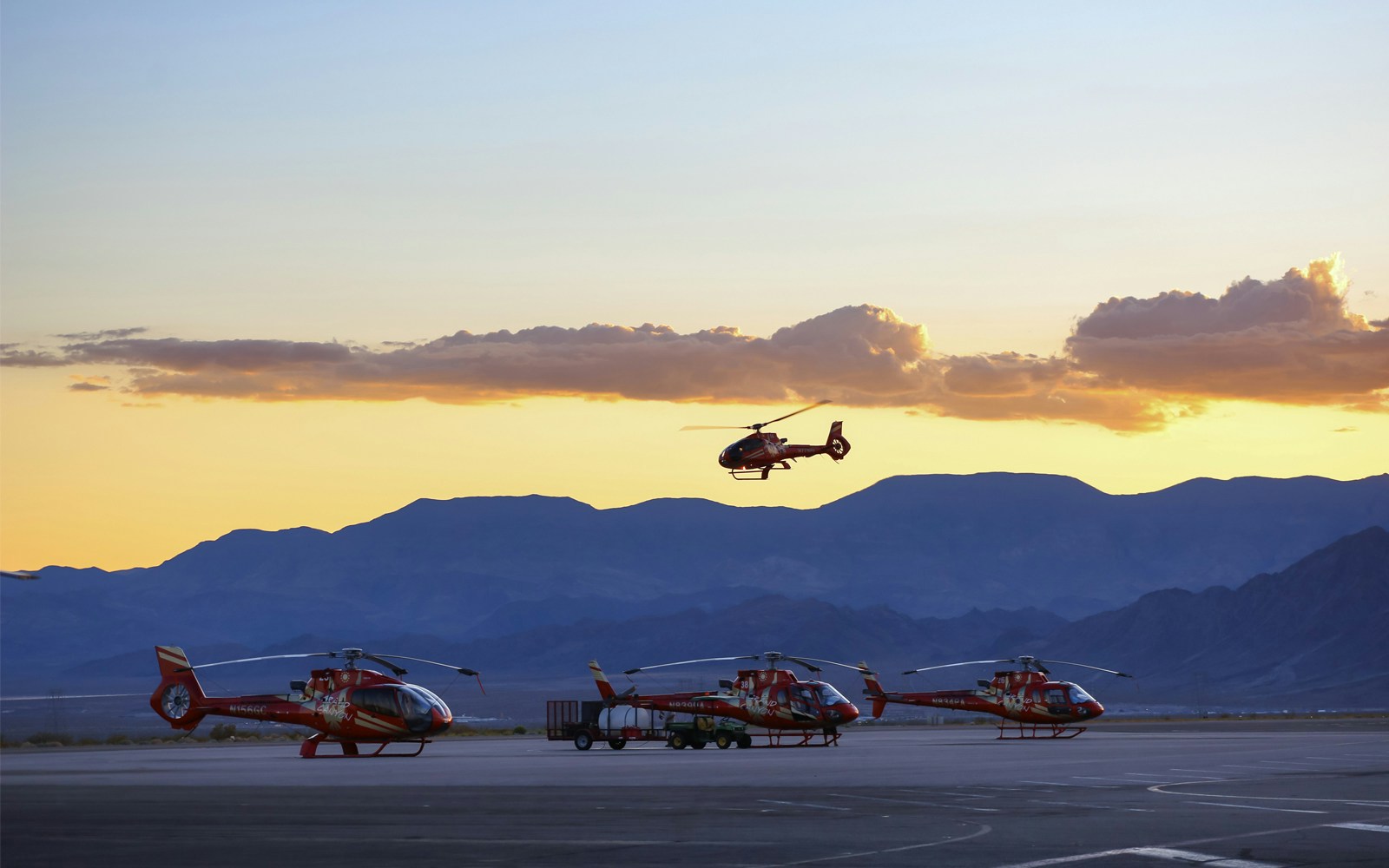 Helicopter landing at sunset on Las Vegas Grand Canyon West Rim tour.