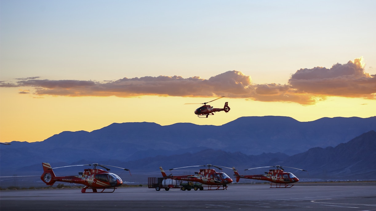 Helicopter on Grand Canyon floor during Las Vegas to Grand Canyon West tour with pontoon boat ride.