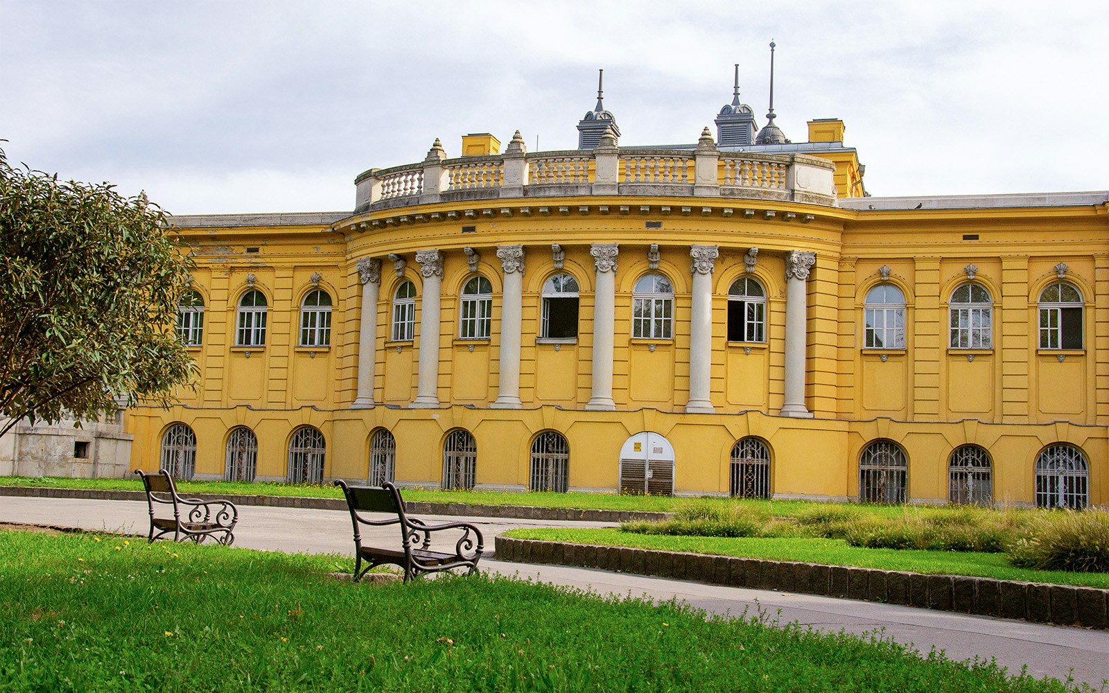 Thermal pools at Budapest Baths with historic architecture in Budapest, Hungary.