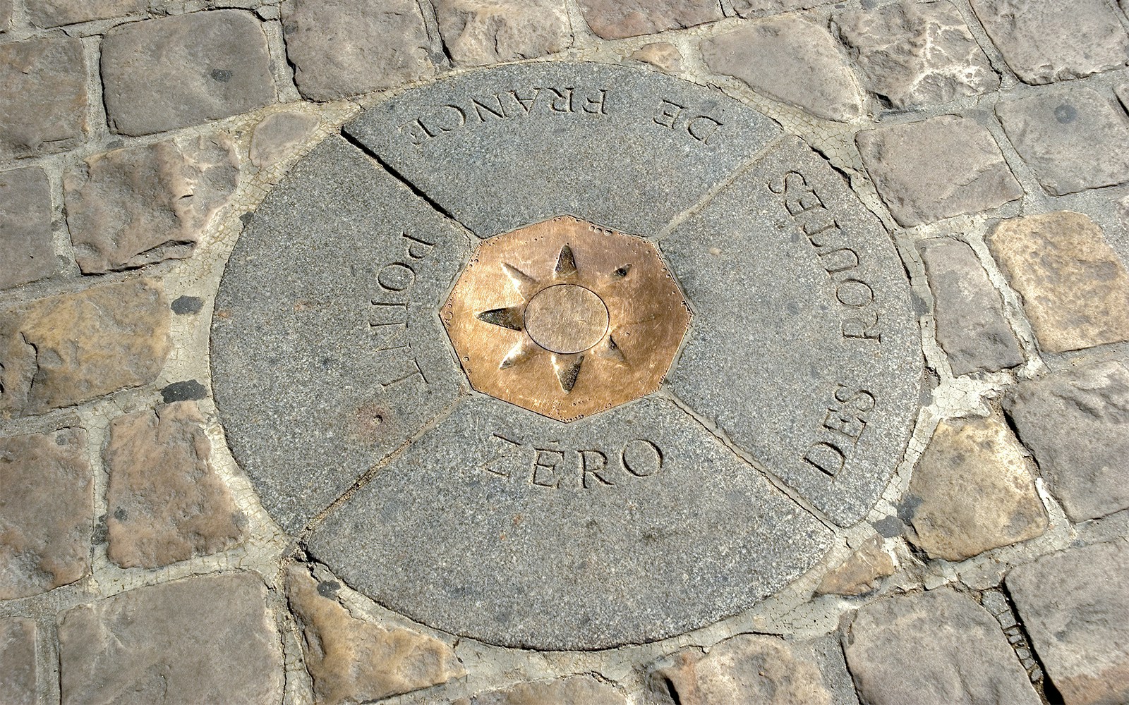 Point Zéro marker on Île de la Cité, Paris, surrounded by cobblestones.