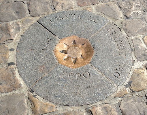 Île de la Cité Point Zéro marker in Paris, France, central starting point for French road distances.