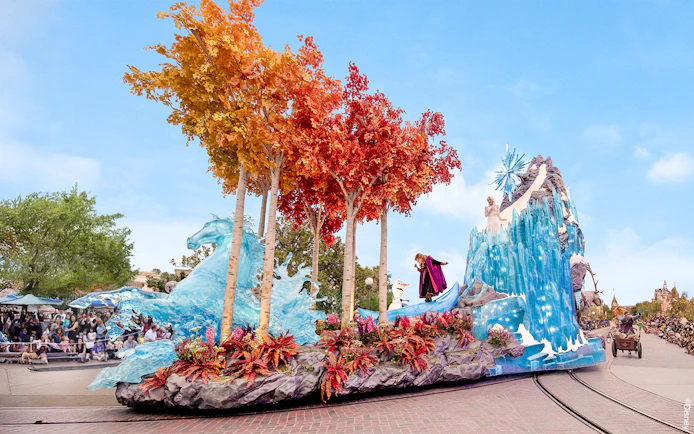 Disneyland Park parade float with Frozen characters and ice-themed decorations in California.