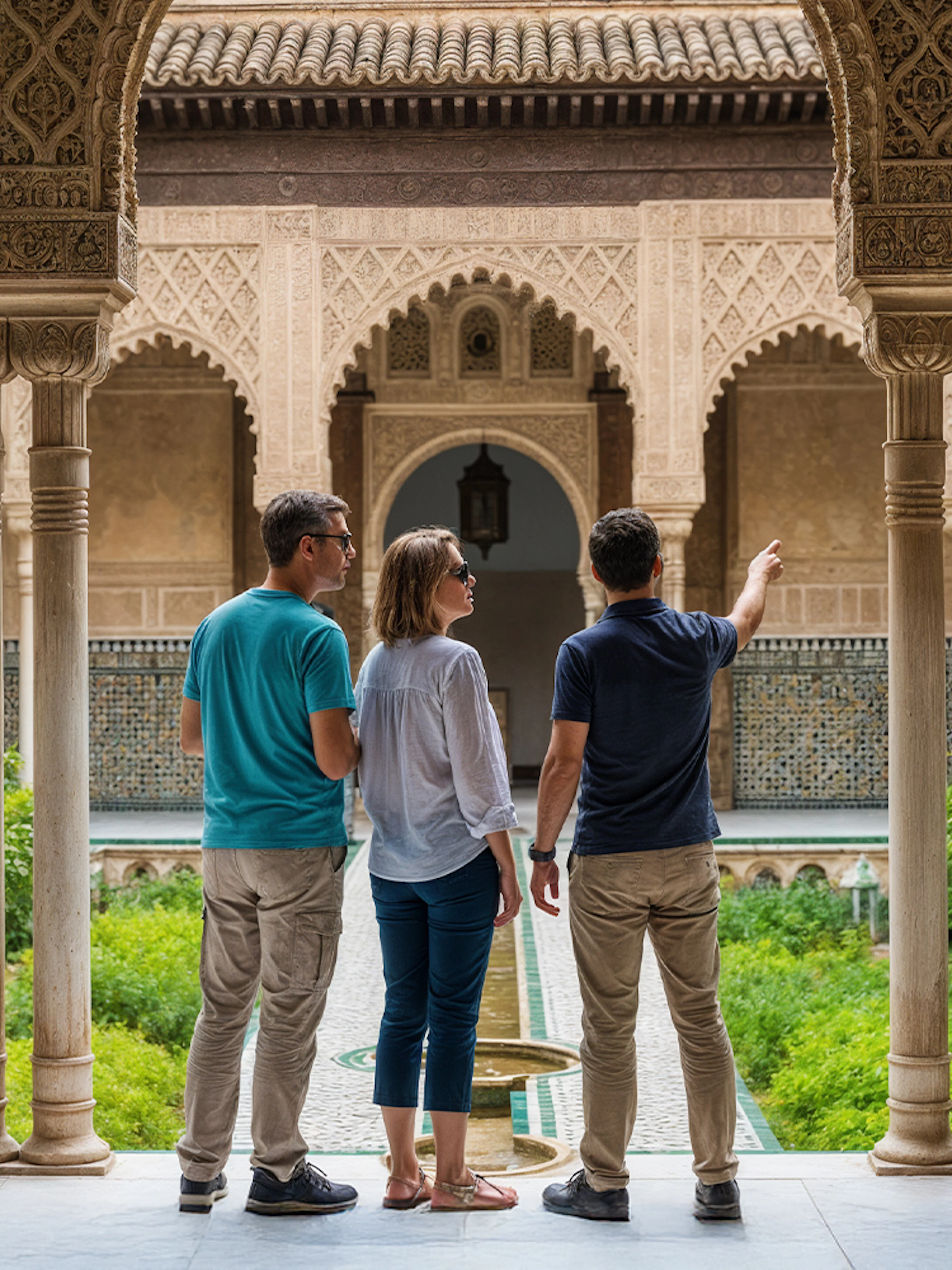 Visitors exploring the courtyard of the Alcázar of Seville on a guided tour.