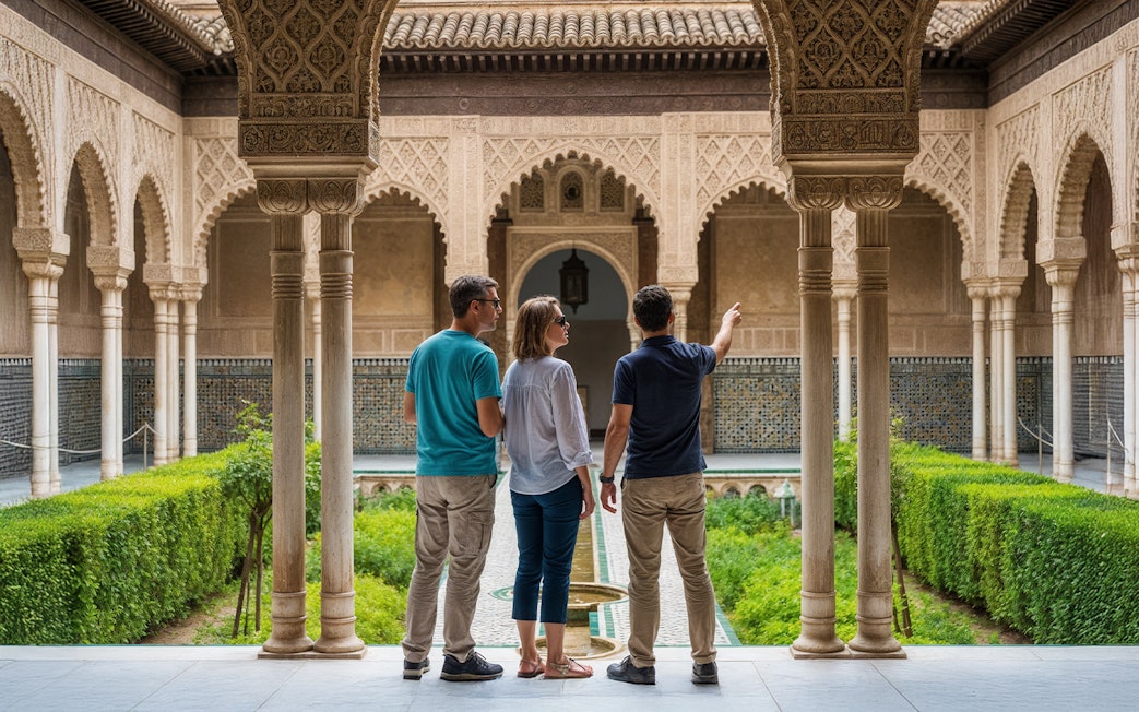 Visitors exploring the courtyard of the Alcázar of Seville on a guided tour.