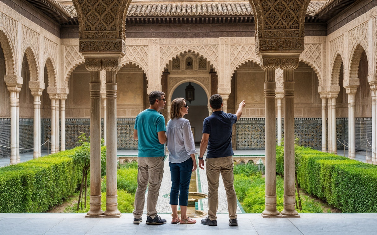 Visitors exploring the courtyard of the Alcázar of Seville on a guided tour.