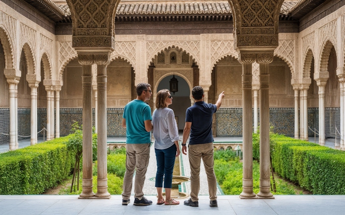 Visitors exploring the courtyard of the Alcázar of Seville on a guided tour.