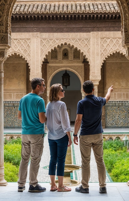 Visitors exploring the courtyard of the Alcázar of Seville on a guided tour.