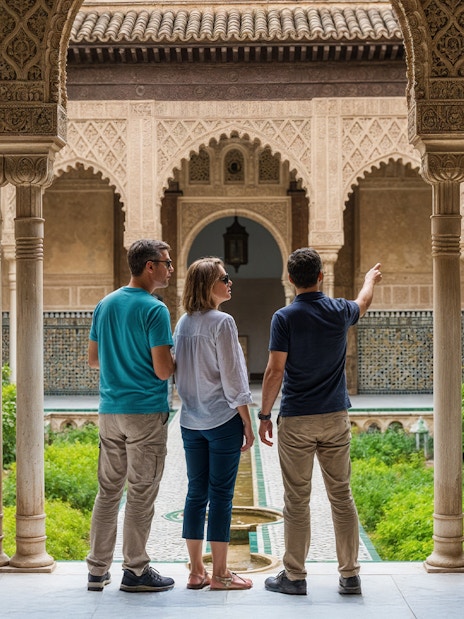 Visitors exploring the courtyard of the Alcázar of Seville on a guided tour.