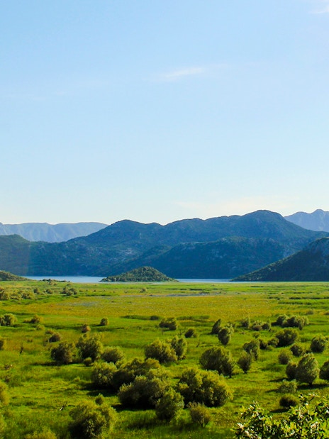 Wide angle view of Lake Skadar with surrounding mountains and lush greenery.