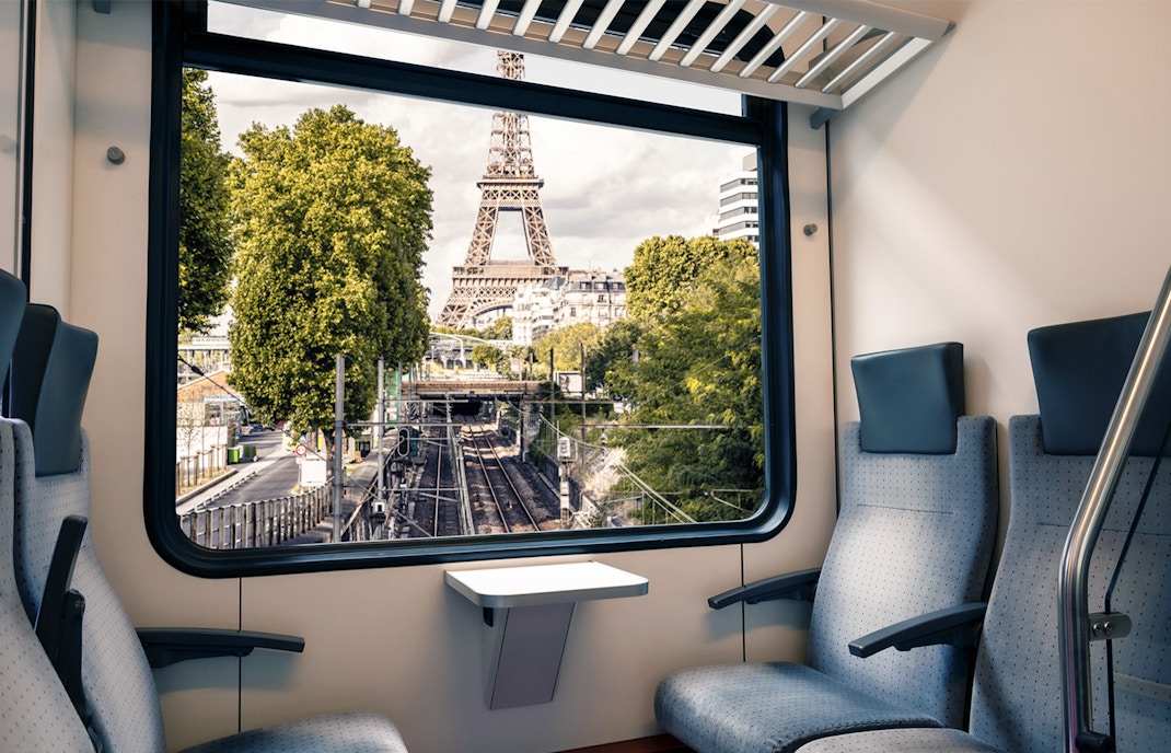 Eiffel Tower view from inside a train in Paris.