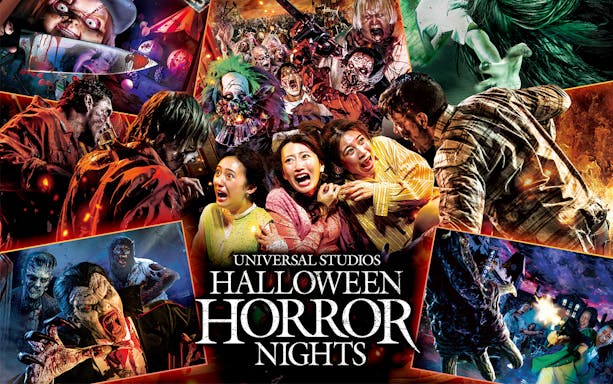 Visitors react to zombies and monsters at Halloween Horror Nights, Universal Studios Japan.