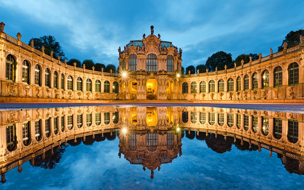 Zwinger Palace in Dresden reflected in a pool during a private guided tour.