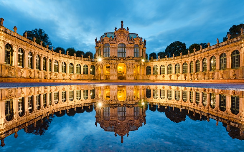 Zwinger Palace in Dresden reflected in a pool during a private guided tour.