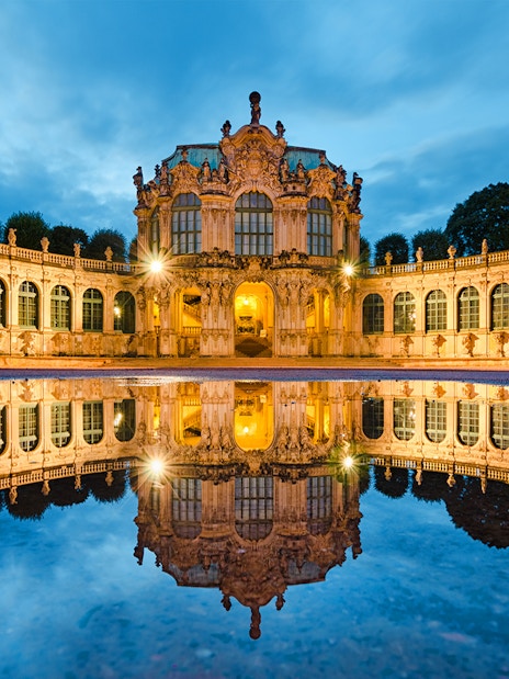 Zwinger Palace in Dresden reflected in a pool during a private guided tour.