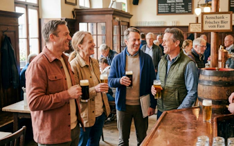 Group enjoying beer at Munich's Oktoberfest keg tapping tour.