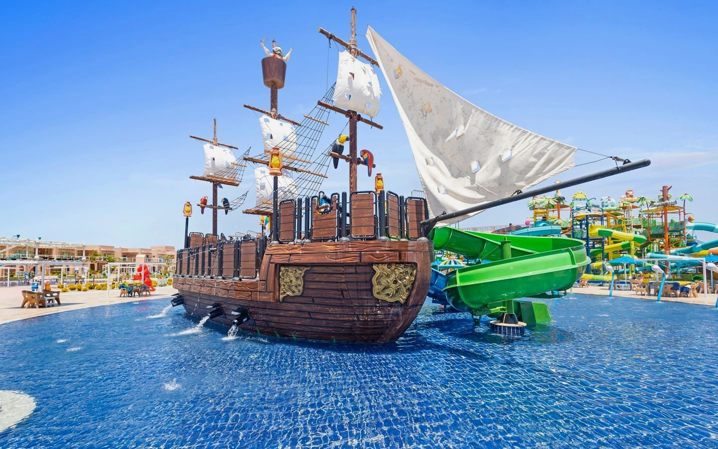 Pirate ship water slide at Neverland Waterpark, Pickalbatros, Hurghada.