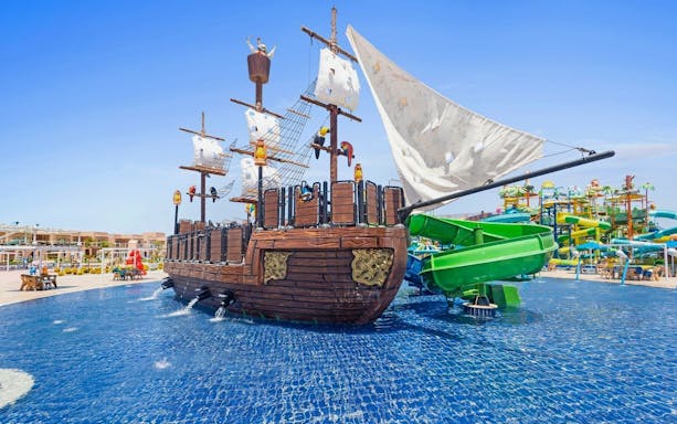 Pirate ship water slide at Neverland Waterpark, Pickalbatros, Hurghada.