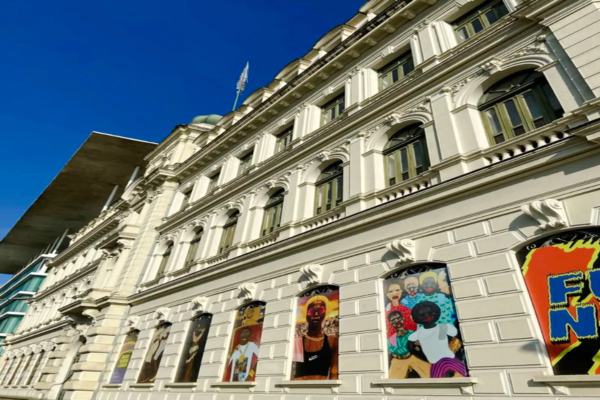 Historic building facade with colorful murals in Rio de Janeiro's cultural center.