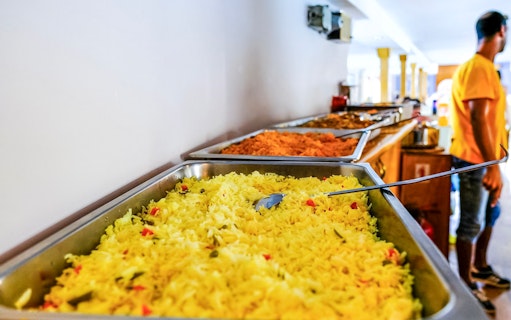 Buffet with rice and dishes on Blue Lagoon cruise from Larnaca.