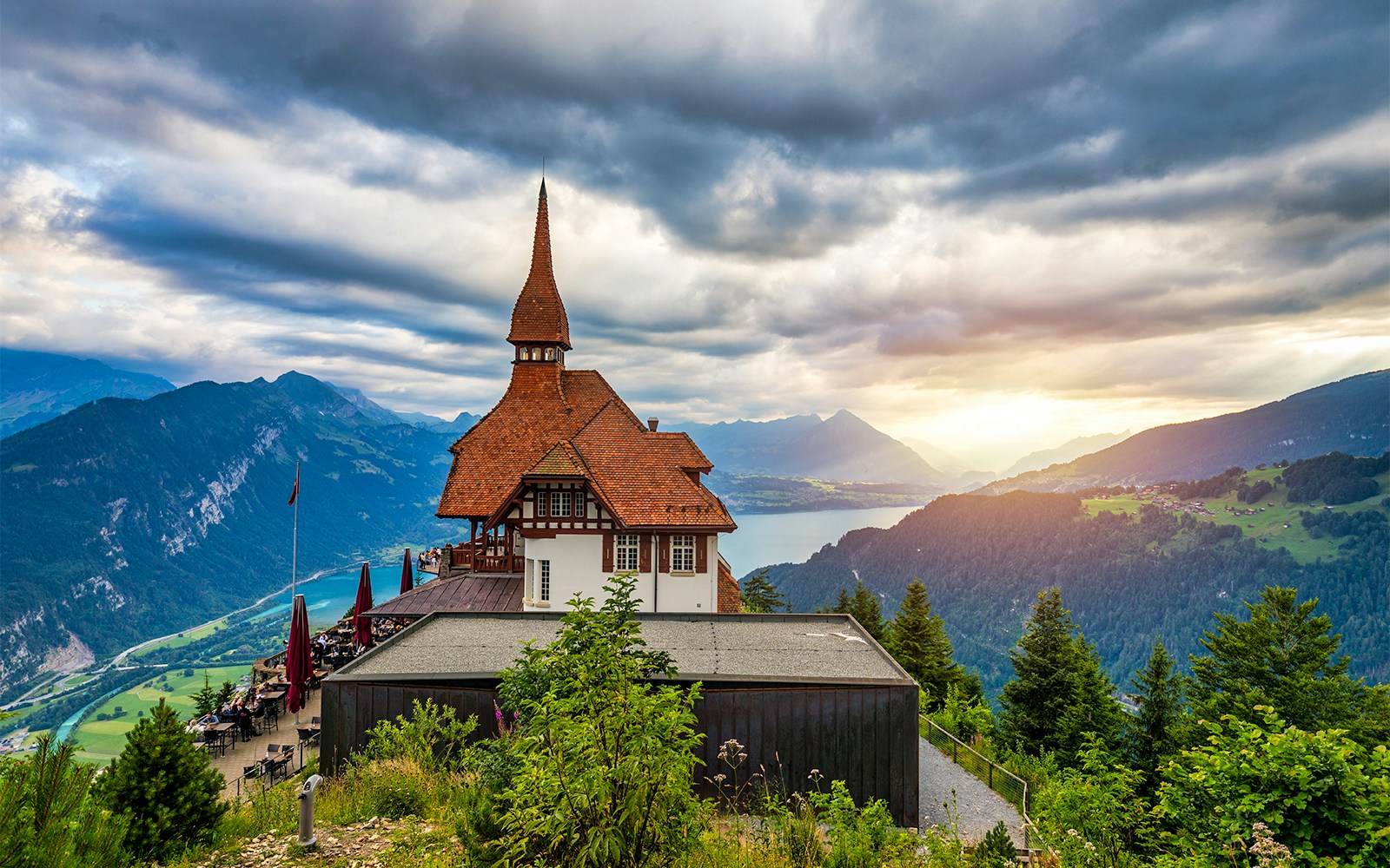 Harder Kulm viewpoint overlooking Interlaken with panoramic views of Swiss Alps.