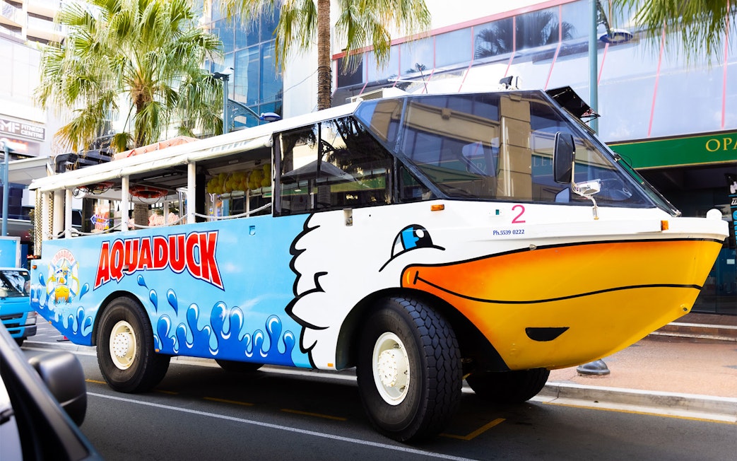 Aquaduck amphibious vehicle parked on Sunshine Coast street for city tour and river cruise.