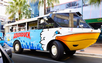 Aquaduck amphibious vehicle parked on Sunshine Coast street for city tour and river cruise.