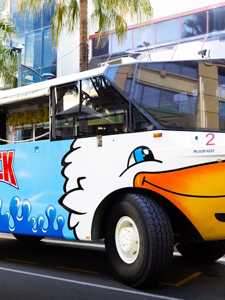 Aquaduck amphibious vehicle parked on Sunshine Coast street for city tour and river cruise.