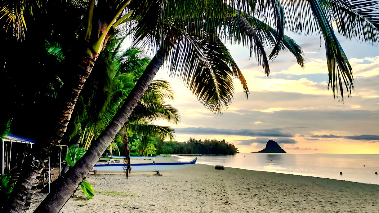 Secret Island Beach at sunset with palm trees and a canoe, Kualoa Ranch, Hawaii.