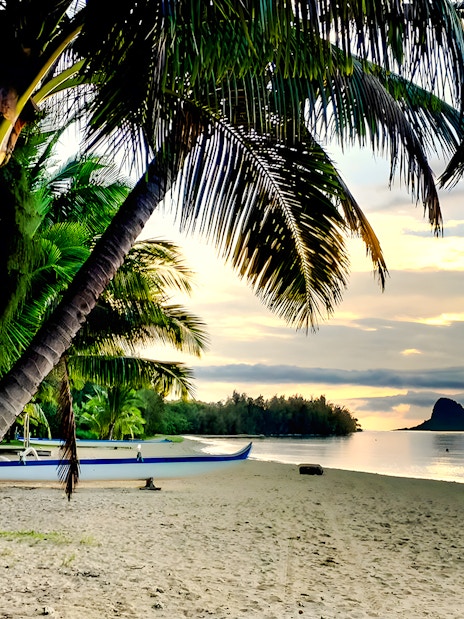 Secret Island Beach at sunset with palm trees and a canoe, Kualoa Ranch, Hawaii.
