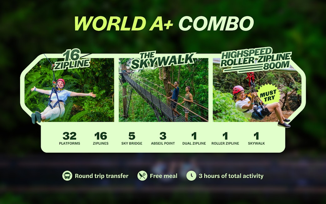 Ziplines and skywalk at Hanuman World, Phuket, featuring 16 ziplines and high-speed roller zipline.