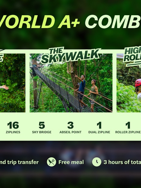 Ziplines and skywalk at Hanuman World, Phuket, featuring 16 ziplines and high-speed roller zipline.