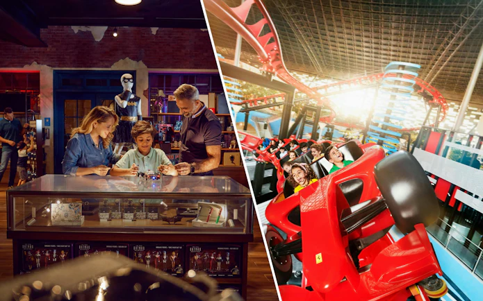 Family exploring Warner Bros. World Abu Dhabi and riding a roller coaster at Ferrari World Abu Dhabi.